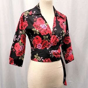 Pinup Girl Clothing Roses Floral garden party retro Wrap Top Medium like NEW !
